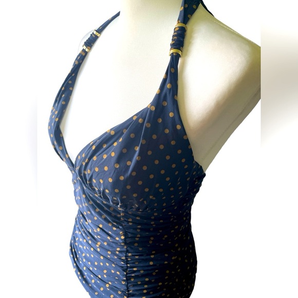 Lands’ End Navy & Gold Ruched Side Tankini Top,Size 8, Beach Vacation Resortwear - Picture 2 of 4